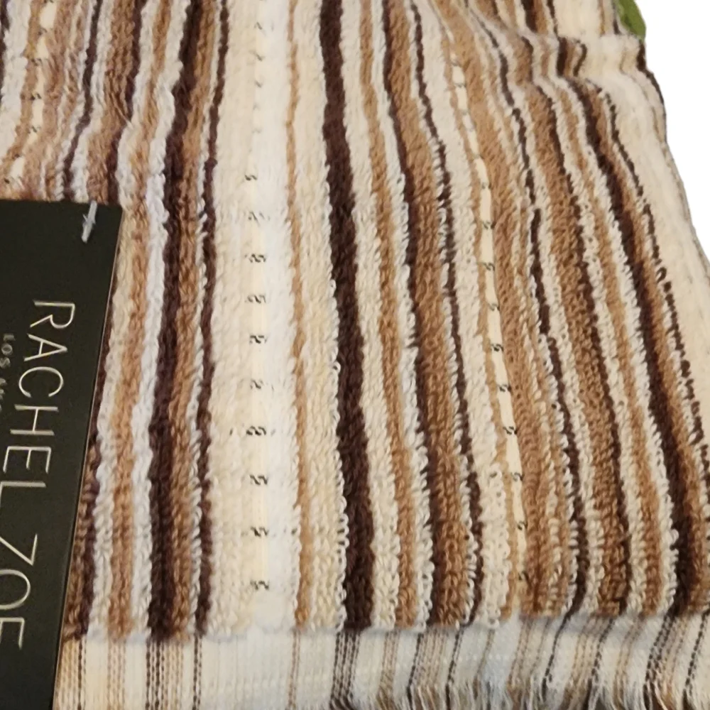 Rachel Zoe Striped Rustic Brown Beige S/ 2 Fringed Bath Towels